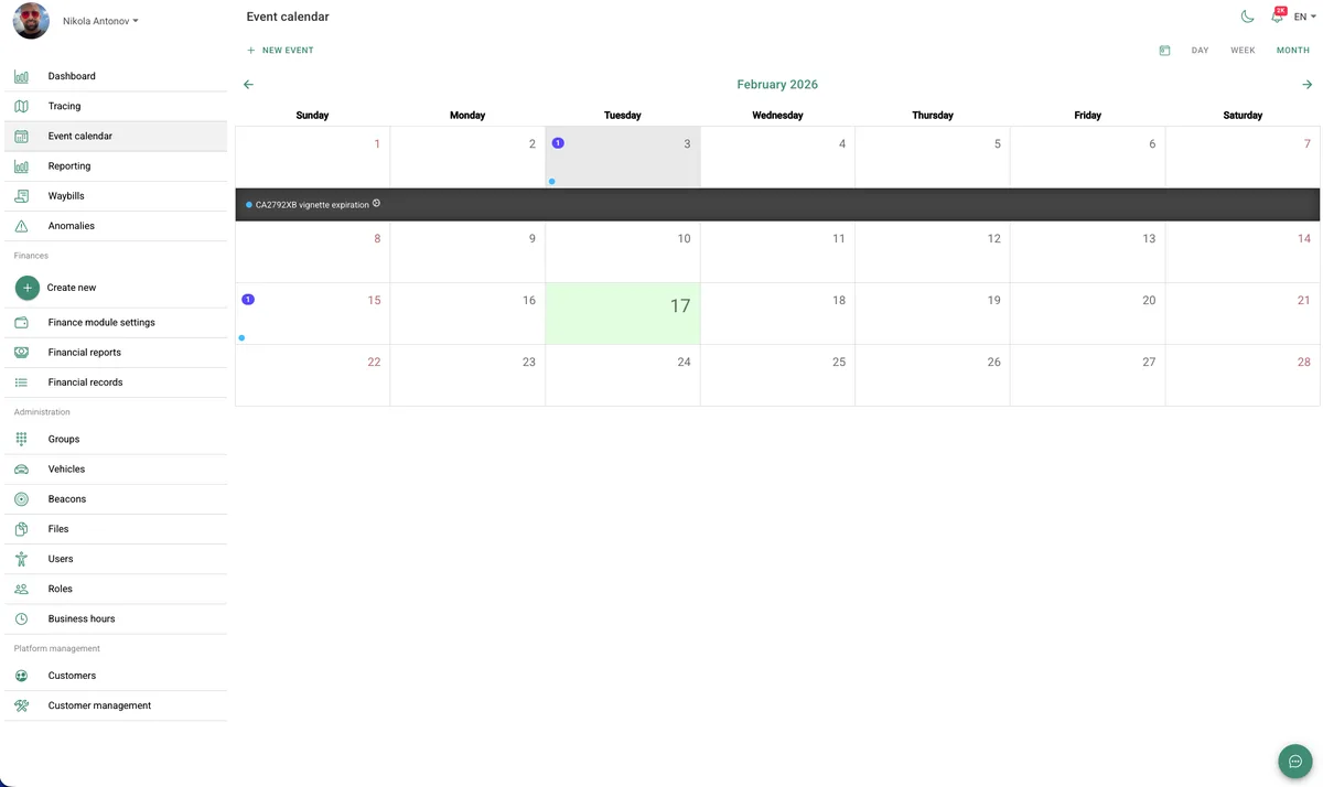 FleetKO календар — месечен изглед с напомняния за изтичащ винетка