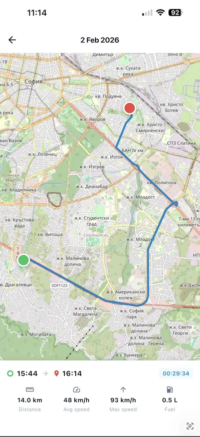 FleetKO мобилно приложение — маршрут на картата с разстояние, скорост и разход на гориво